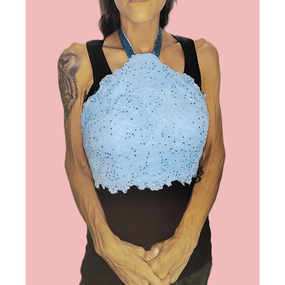Sherri Hill Light Blue Lace Rhinestone Halter Crop Top ~ Size 4